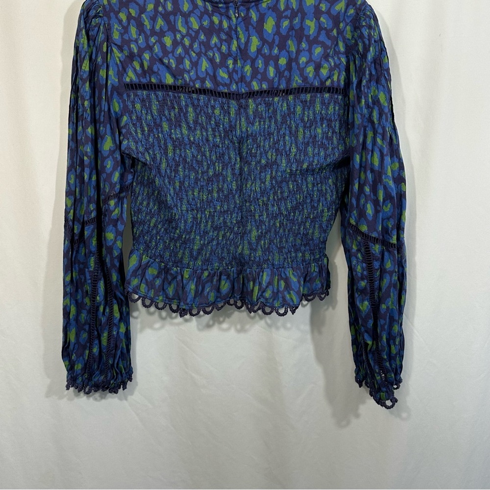 Farm Rio Leopard Pop Smocked Embroidered Lace Long Sleeve Peplum Top - Picture 10 of 14